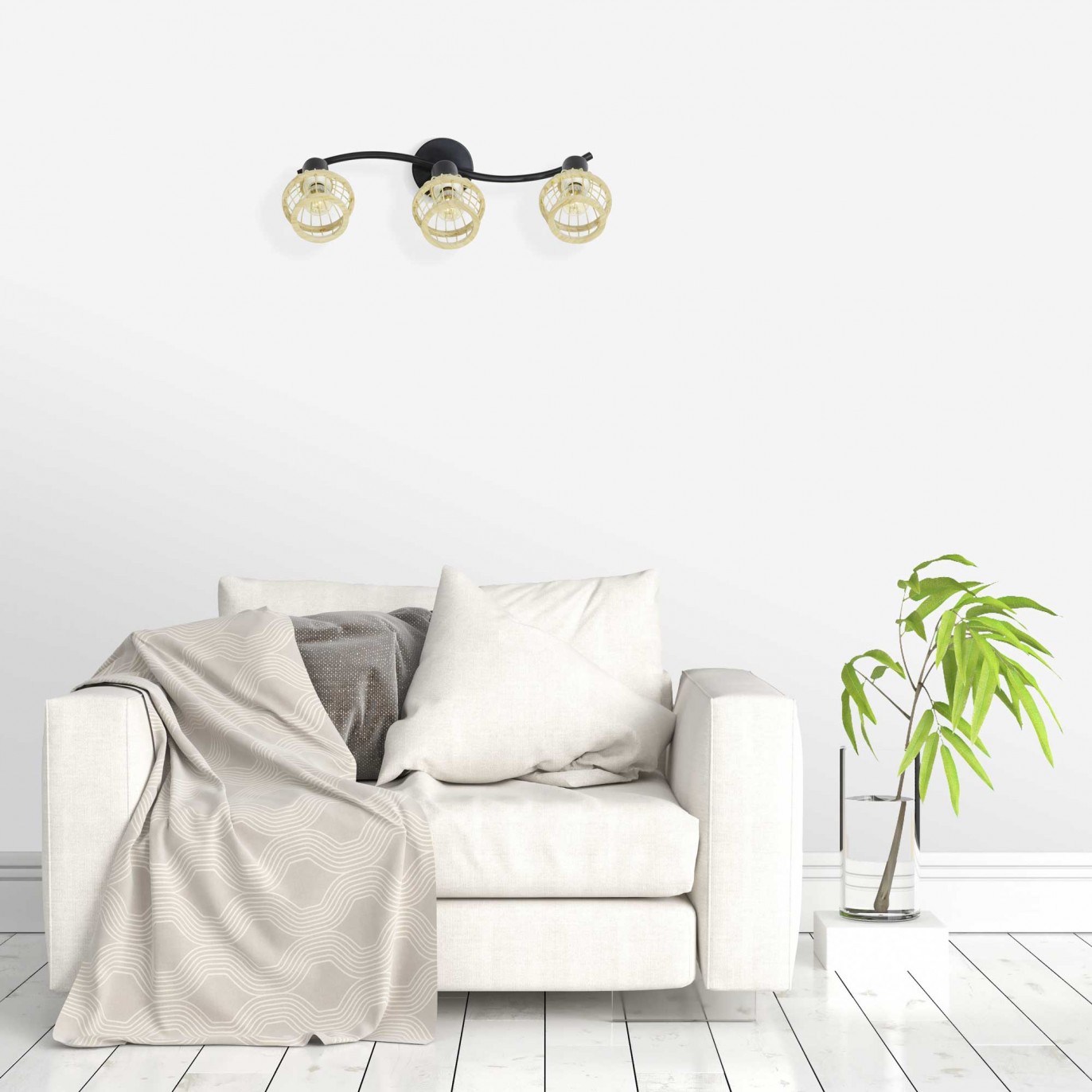 Applique murale 3 lumières en bambou coloris naturel et métal noir - NANKIN
