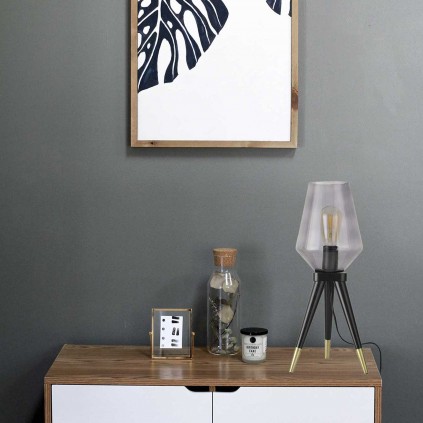 Lampe à poser trépied en bois et verre - TRIBLUE
