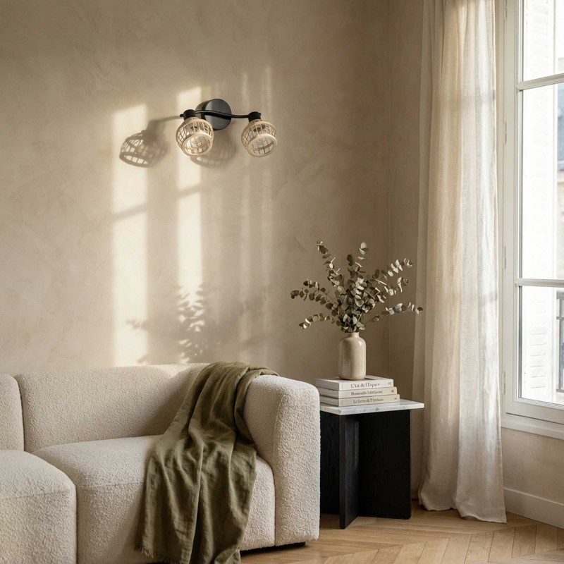 Applique murale 2 lumières en bambou coloris naturel et métal noir - NANKIN