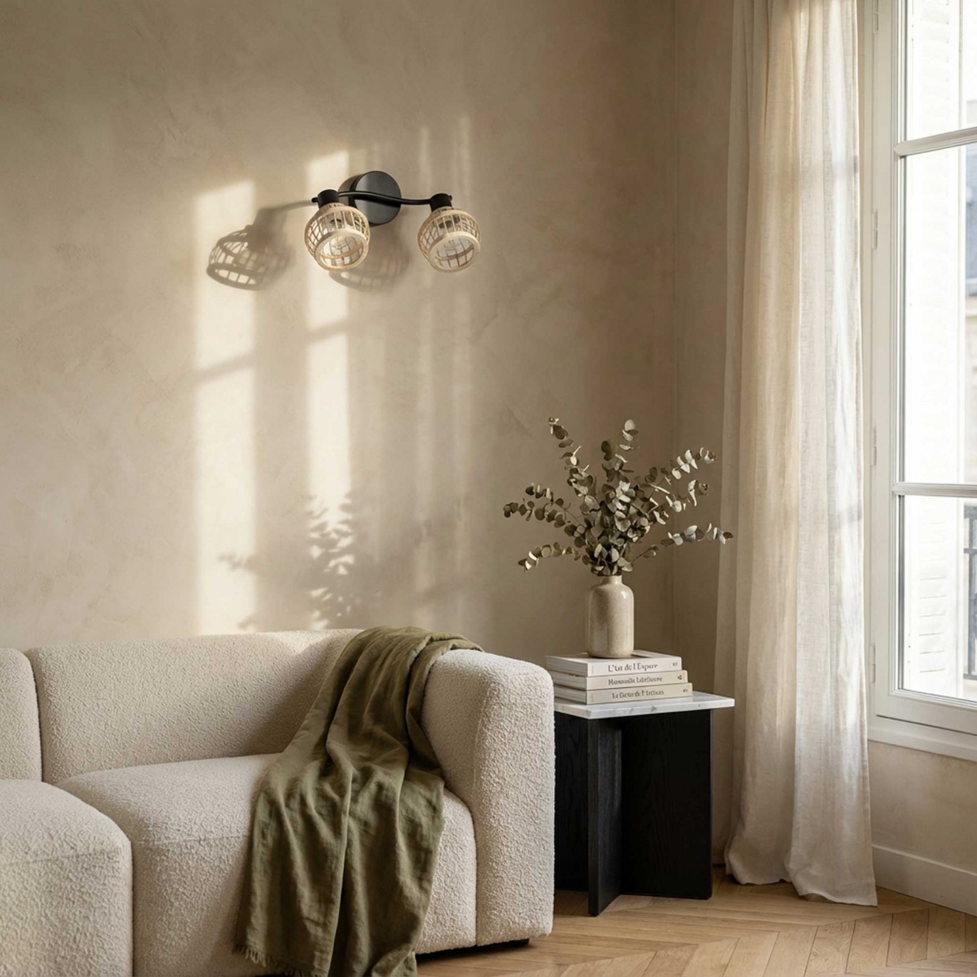 Applique murale 2 lumières en bambou coloris naturel et métal noir - NANKIN