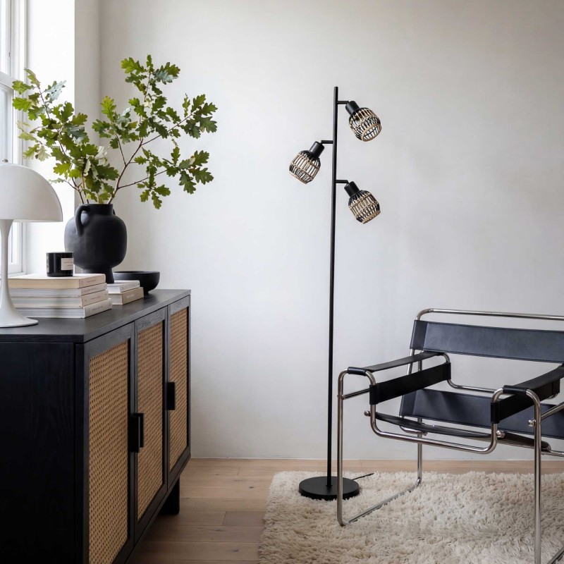 Lampadaire 3 lumières en rotin noir et naturel - LATIE