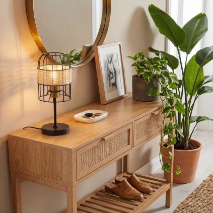 Lampe à poser tactile en métal et rotin - NUSSIM