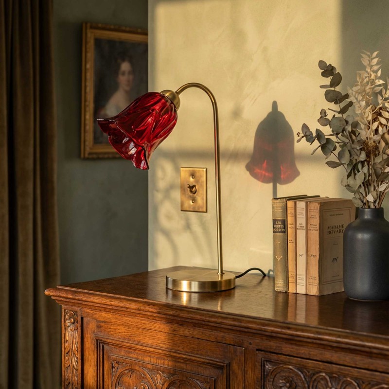 Lampe à poser en verre coloré et métal doré, cordon textile - ARELI