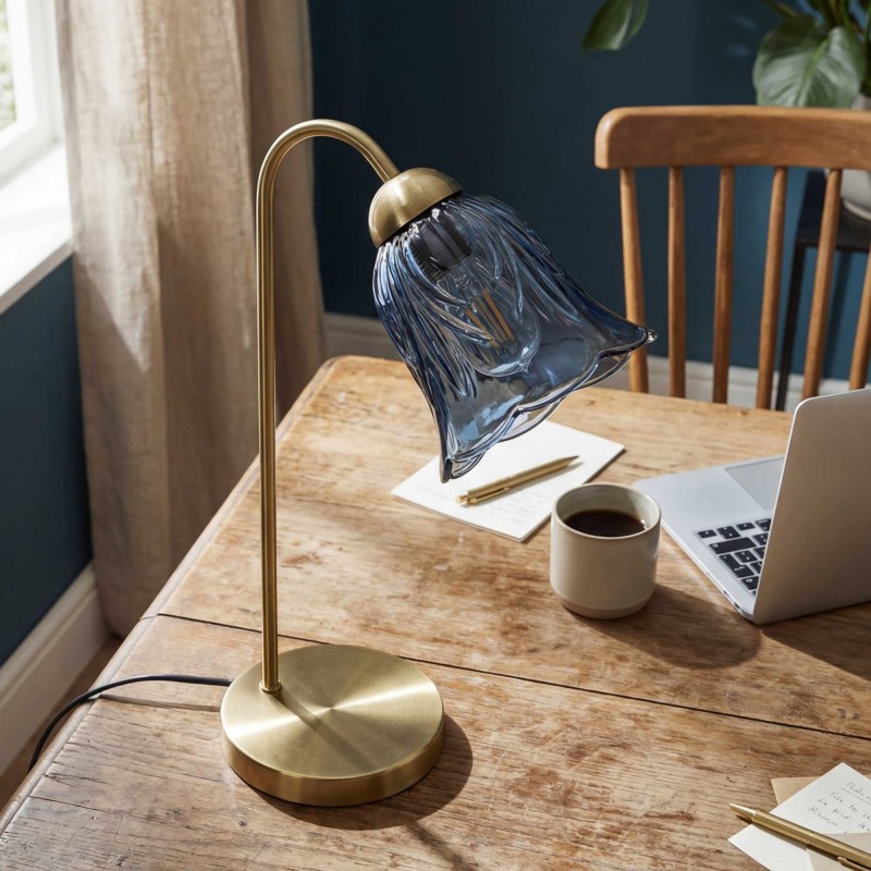 Lampe à poser en verre coloré et métal doré, cordon textile - ARELI