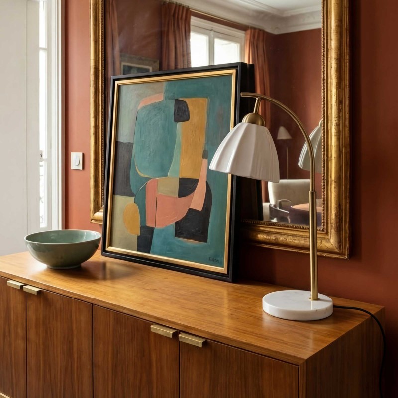 Lampe à poser en céramique, métal et marbre, cordon textile - NALIA