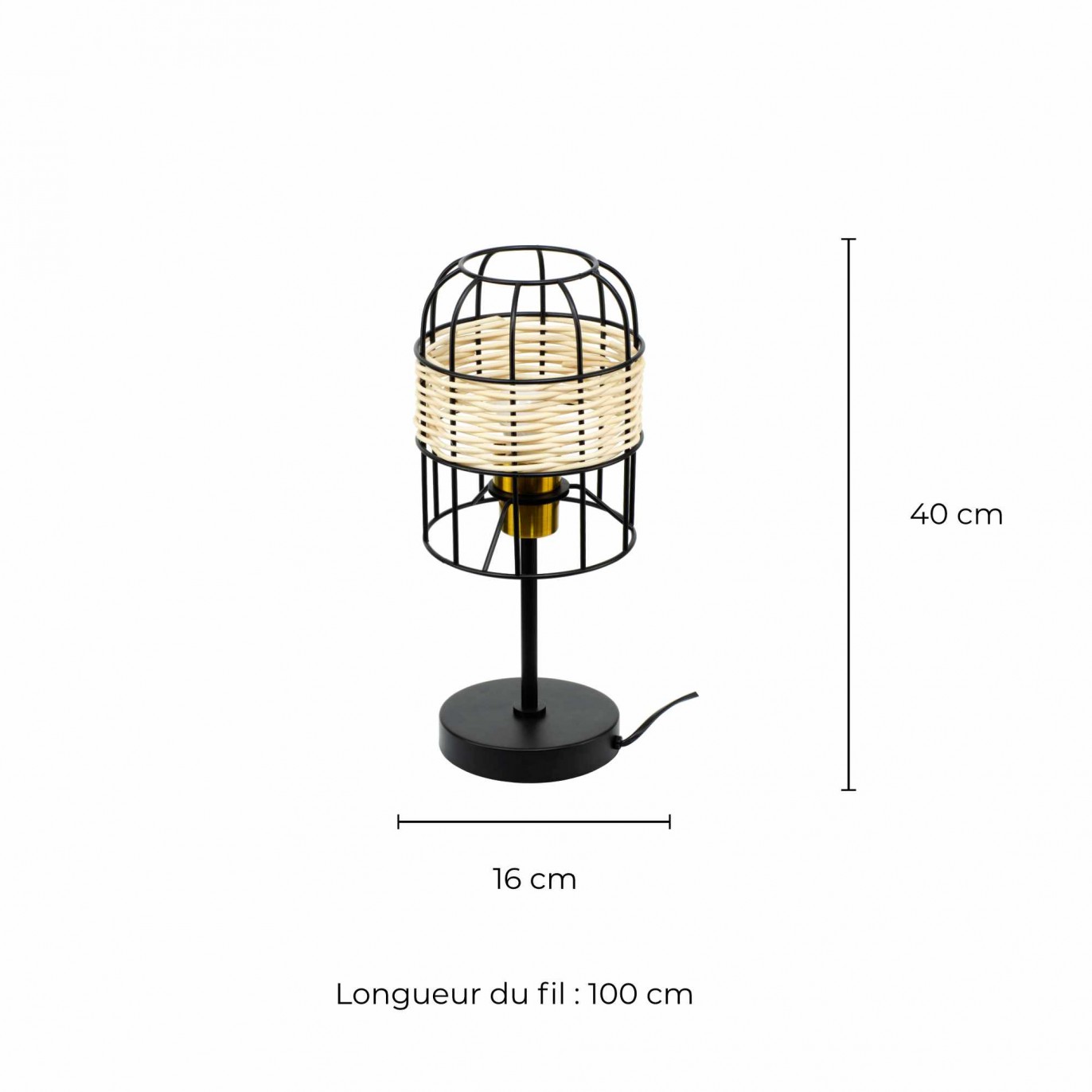Lampe à poser tactile en métal et rotin - NUSSIM