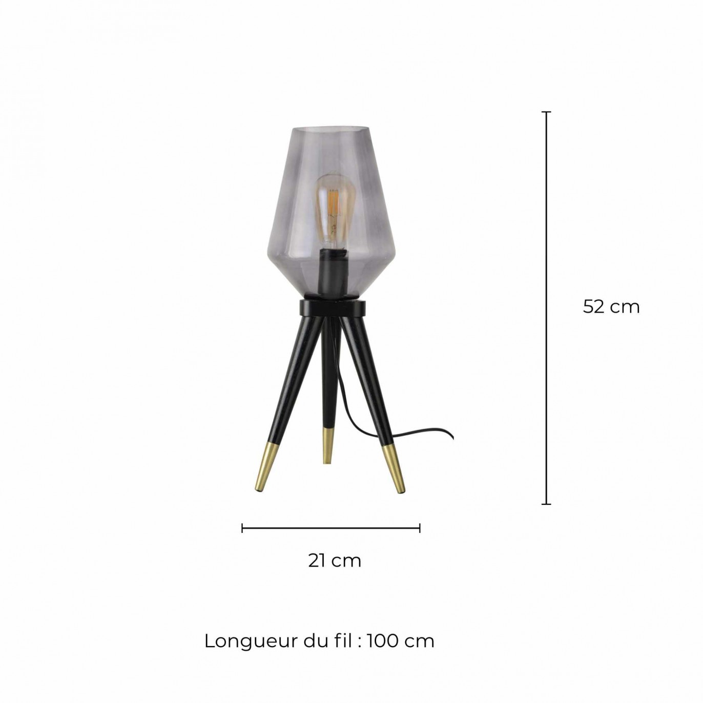 Lampe à poser trépied en bois et verre - TRIBLUE