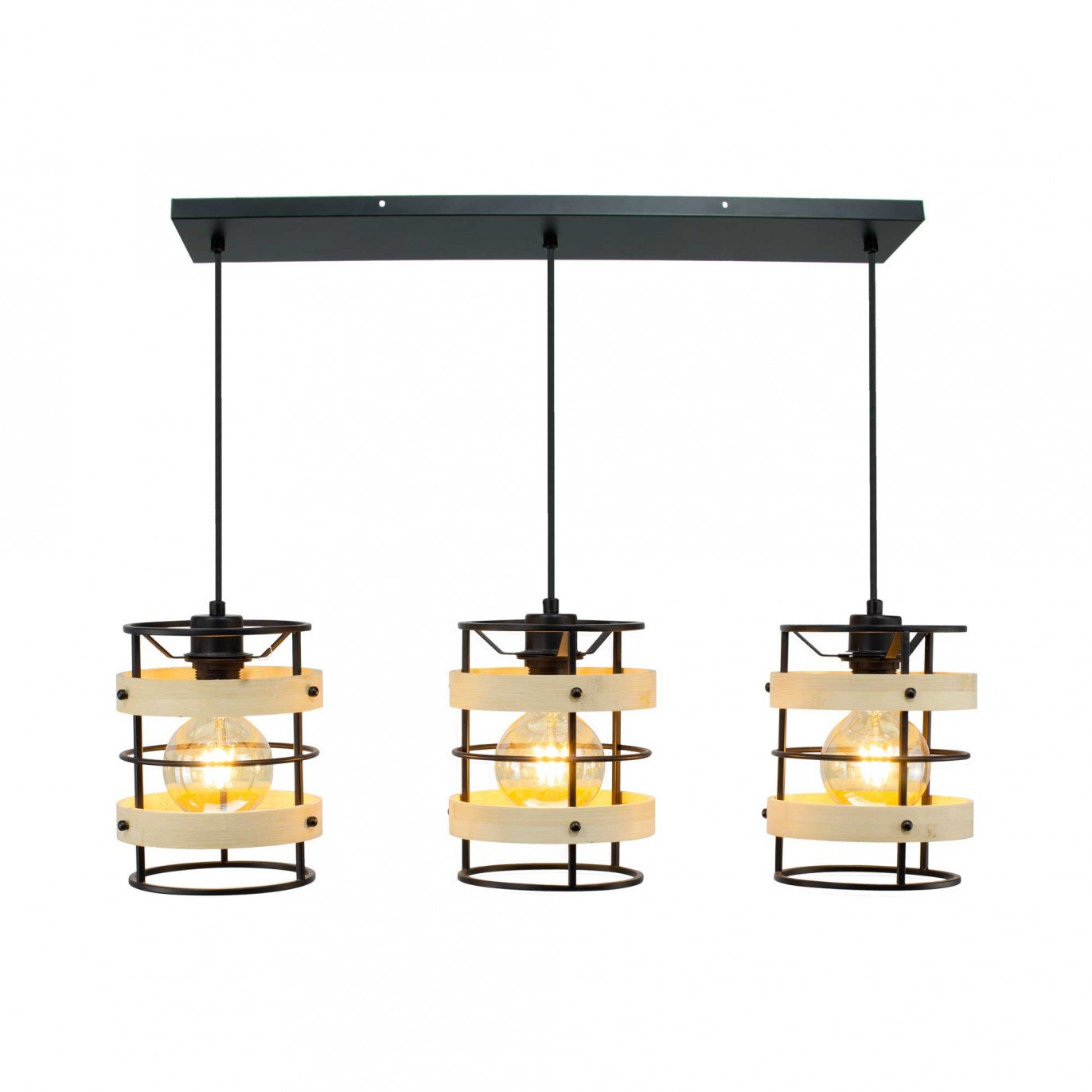 Suspension en métal noir et bambou coloris naturel 3 lumières - ARTONE