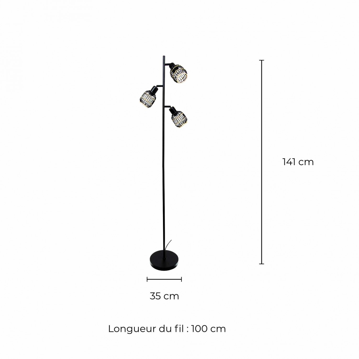 Lampadaire 3 lumières en rotin noir et naturel - LATIE