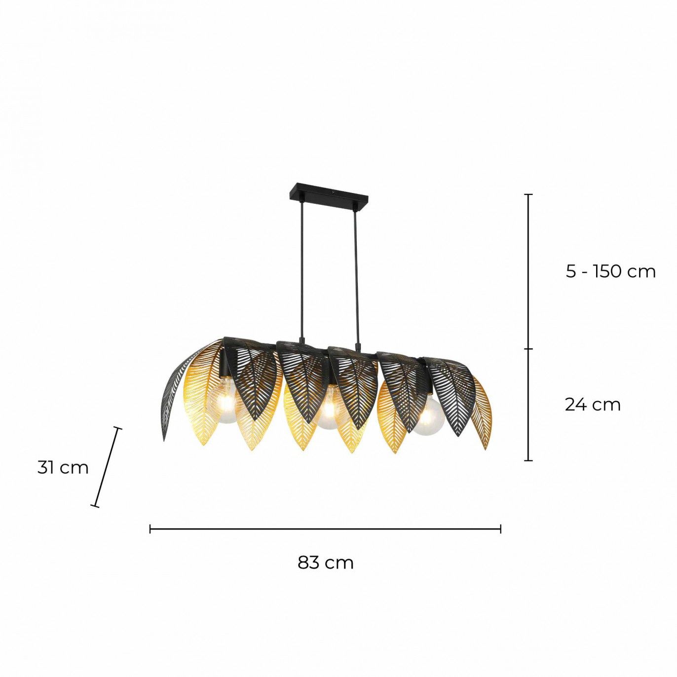 Suspension 3 lumières style exotique en métal noir et doré - à monter - VESCA