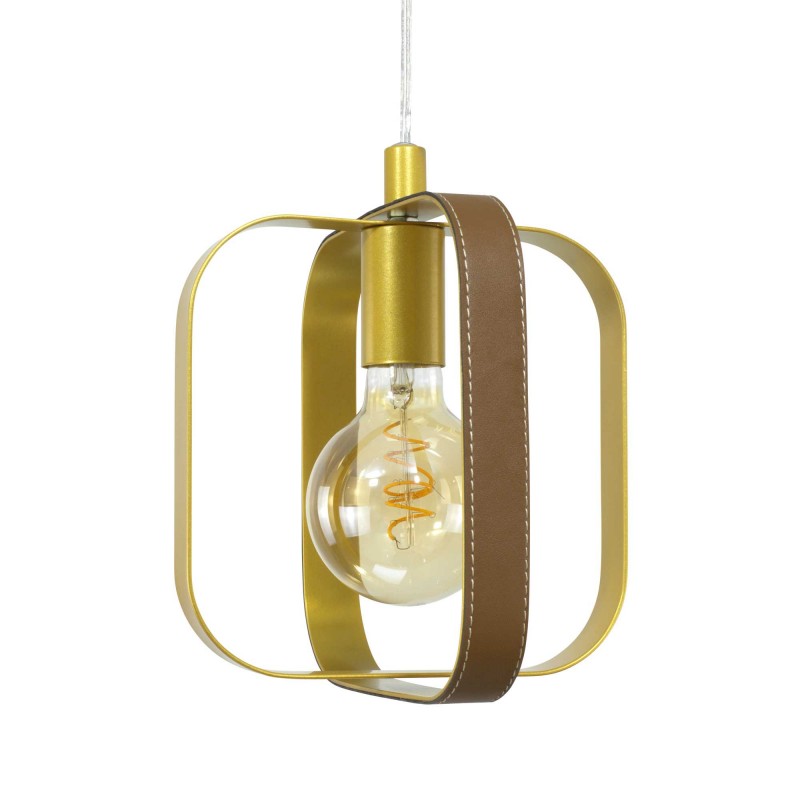Suspension 1 lumière en simili cuir marron et métal doré - MATY