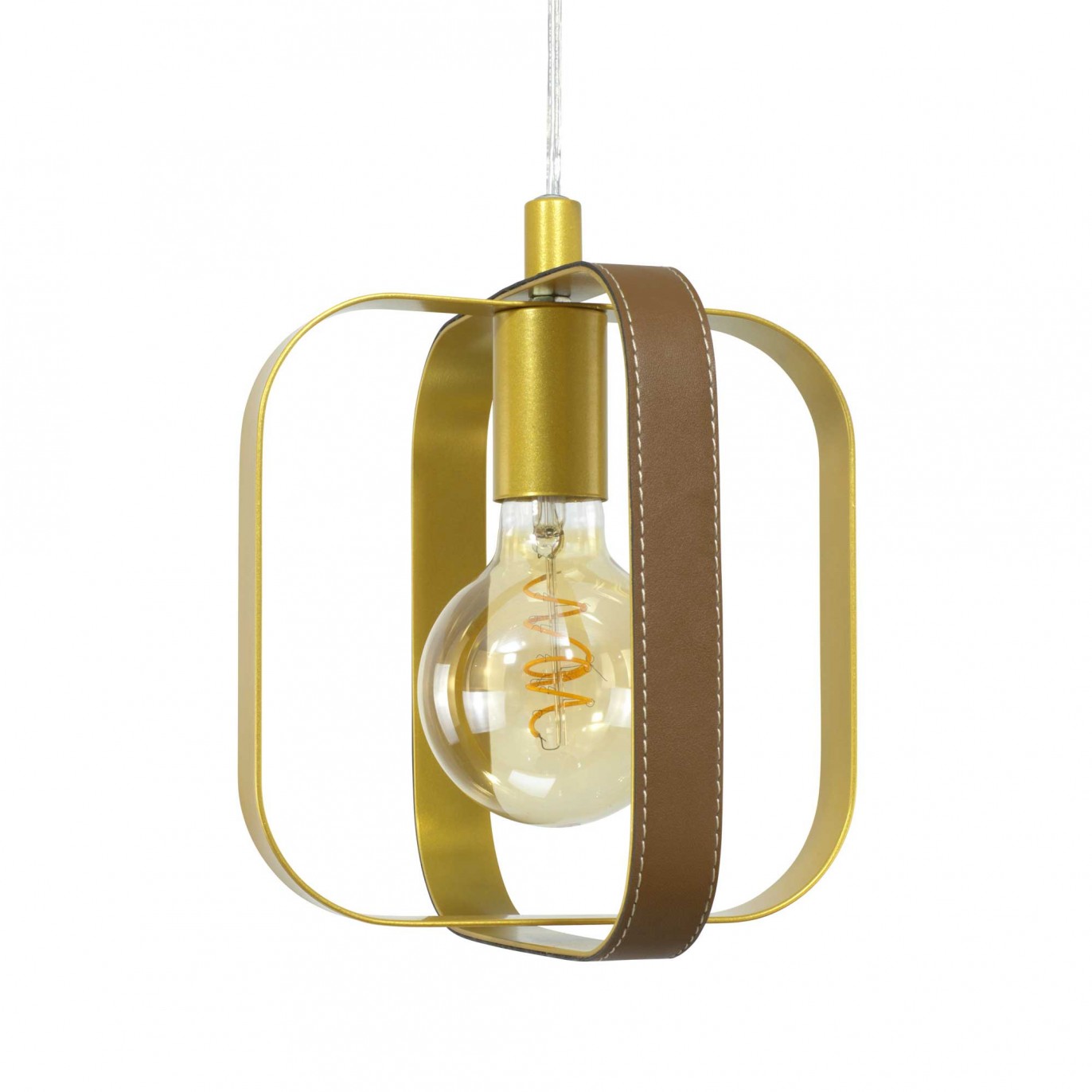 Suspension 1 lumière en simili cuir marron et métal doré - MATY