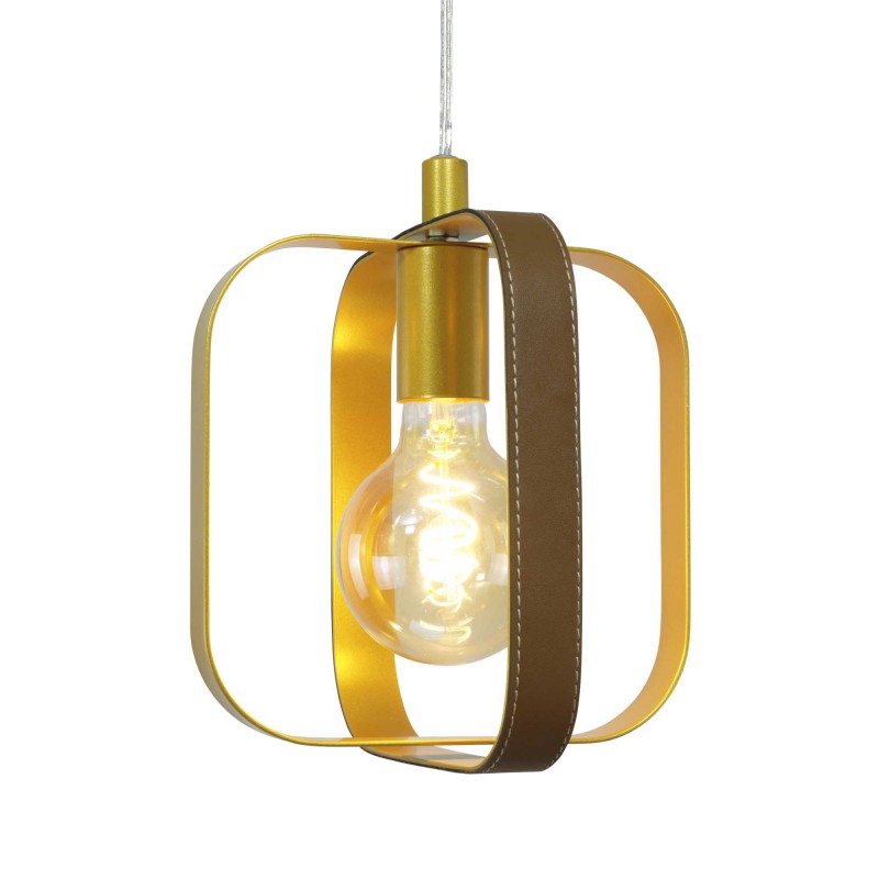 Suspension 1 lumière en simili cuir marron et métal doré - MATY