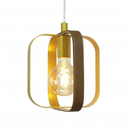 Suspension 1 lumière en simili cuir marron et métal doré - MATY