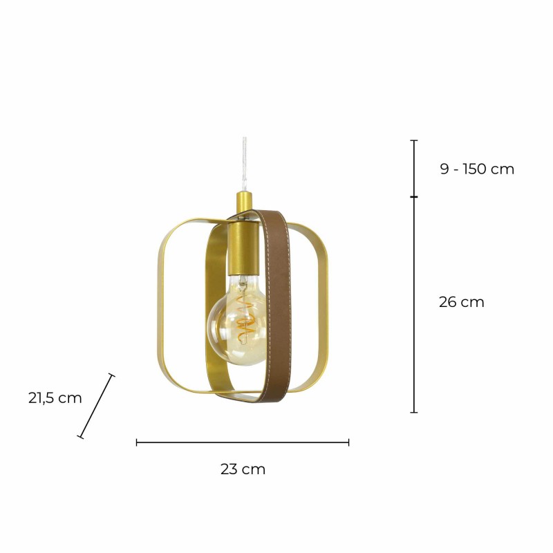 Suspension 1 lumière en simili cuir marron et métal doré - MATY
