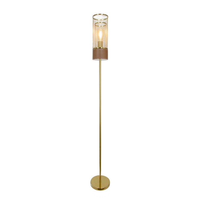 Lampadaire en métal doré et simili cuir marron - ACUERO