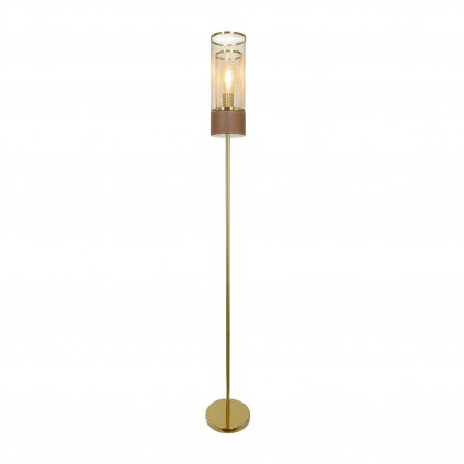 Lampadaire en métal doré et simili cuir marron - ACUERO