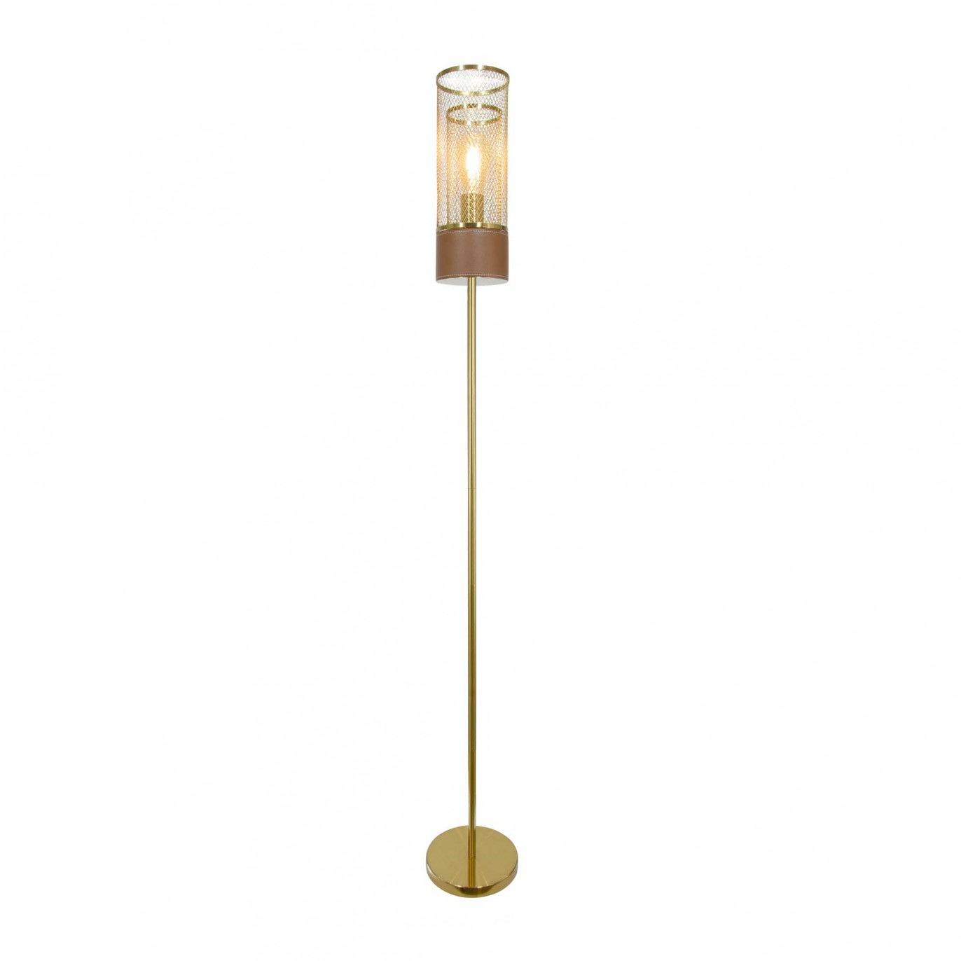 Lampadaire en métal doré et simili cuir marron - ACUERO