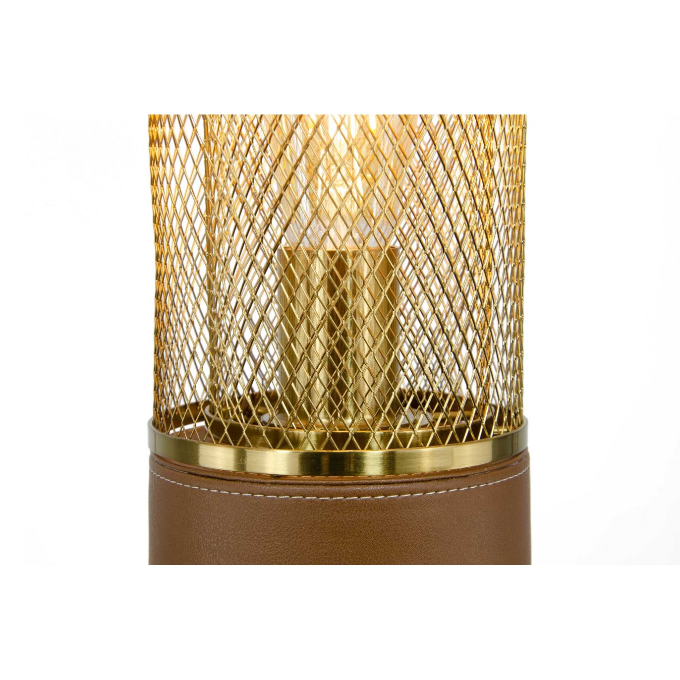Lampadaire en métal doré et simili cuir marron - ACUERO