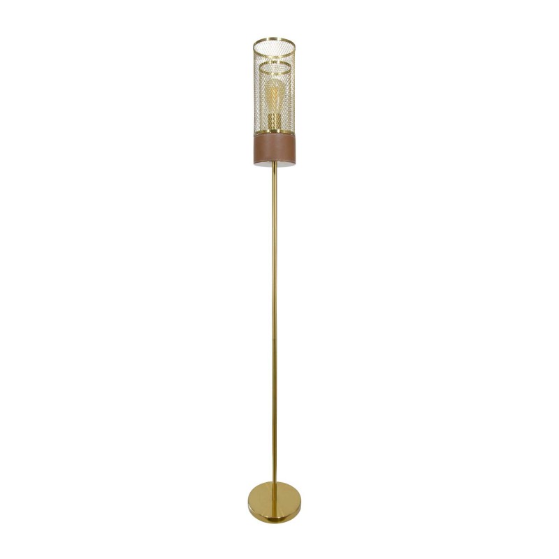 Lampadaire en métal doré et simili cuir marron - ACUERO