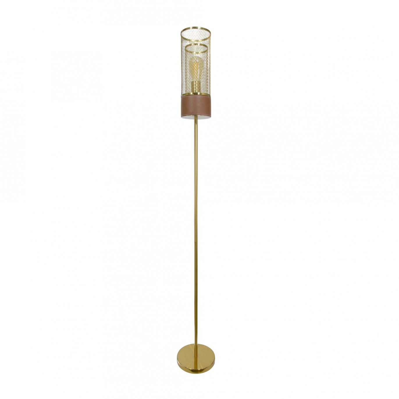 Lampadaire en métal doré et simili cuir marron - ACUERO