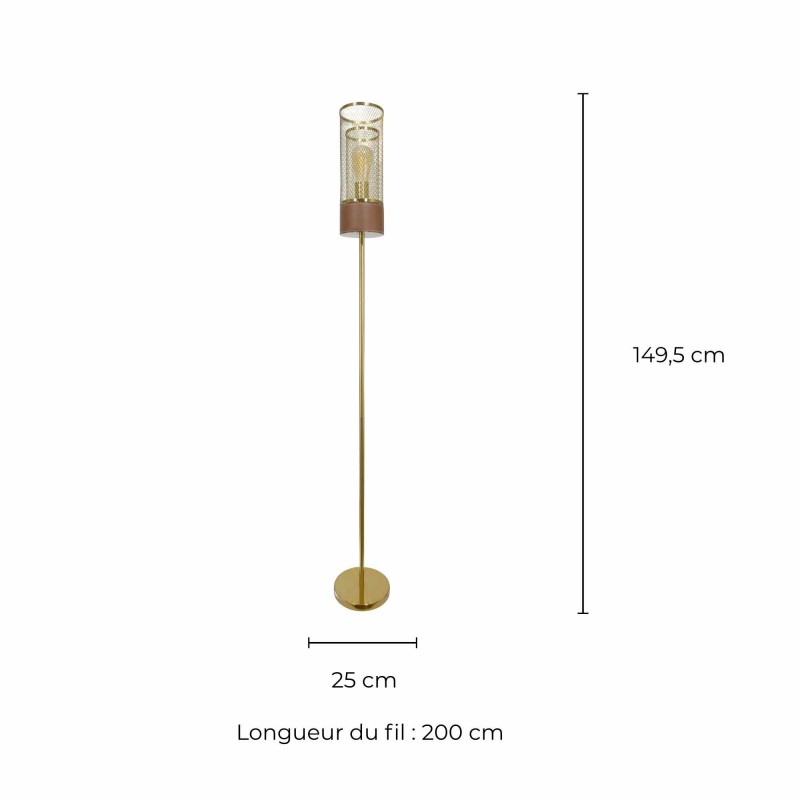 Lampadaire en métal doré et simili cuir marron - ACUERO