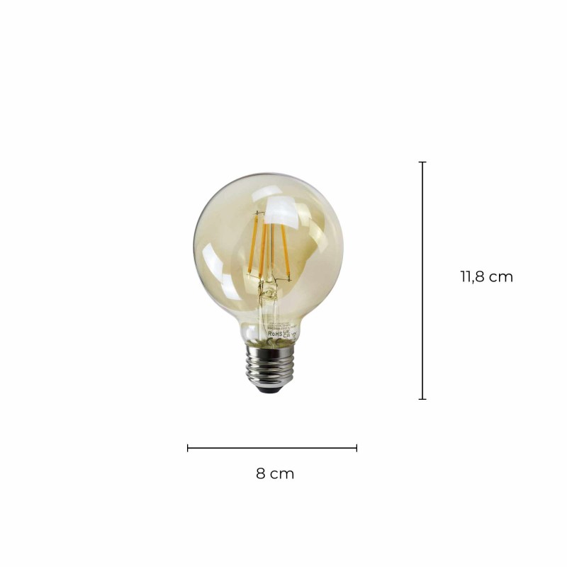 Ampoule LED Dimmable ROME - E27 - G80 - Intensité moyenne - Blanc chaud - 6W / 2500K / 495lm - Filaments droits - Verre ambré