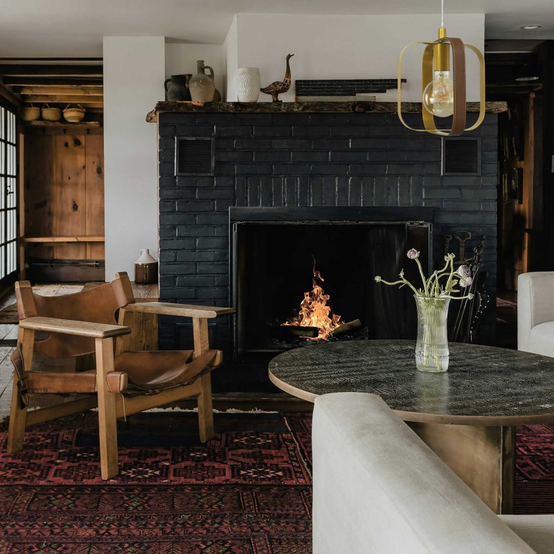 Suspension 1 lumière en simili cuir marron et métal doré - MATY