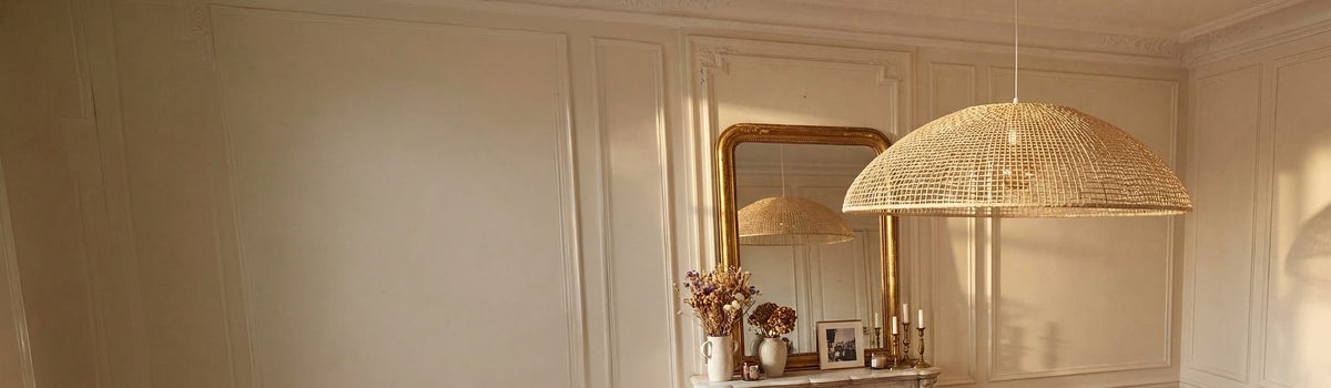 Grande suspension en rotin naturel NATIPE dans une chambre aux moulures anciennes