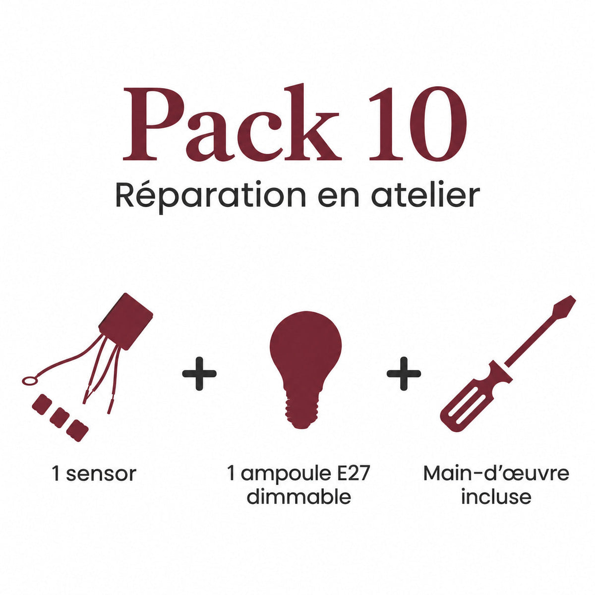 Pack 10 (1 Sensor, 1 Dimmable E27 Bulb and Labor) - pack contents