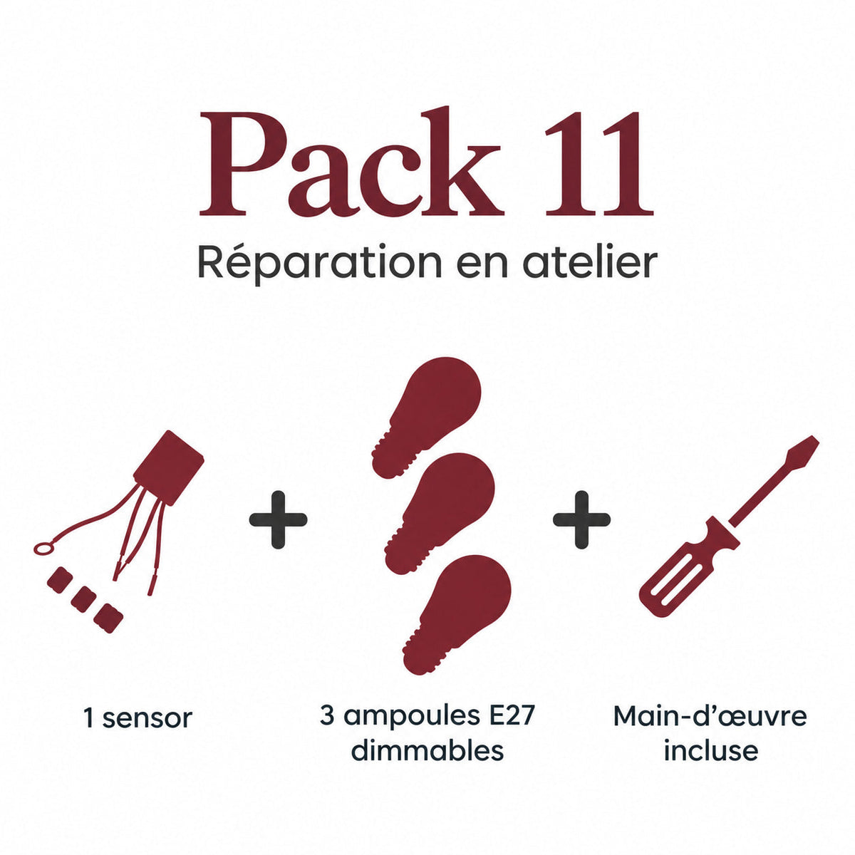 Pack 11 (1 Sensor, 3 Dimmable E27 Bulbs and Labor) - pack contents