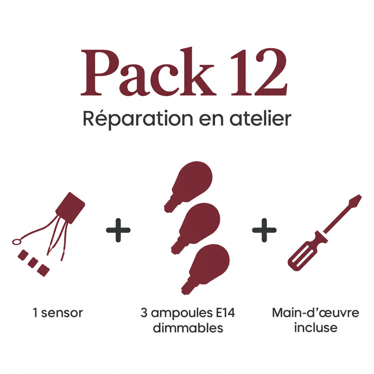 Pack 12 (1 Sensor, 3 Dimmable E14 Bulbs and Labor) - pack contents