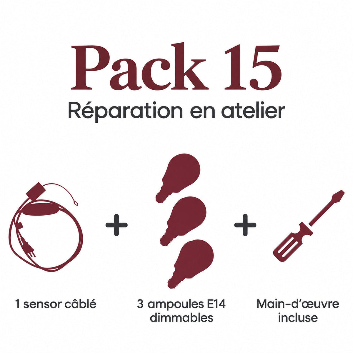 Pack 15 (1 Sensor cable, 3 E14 dimmable bulbs and Labor) - pack contents