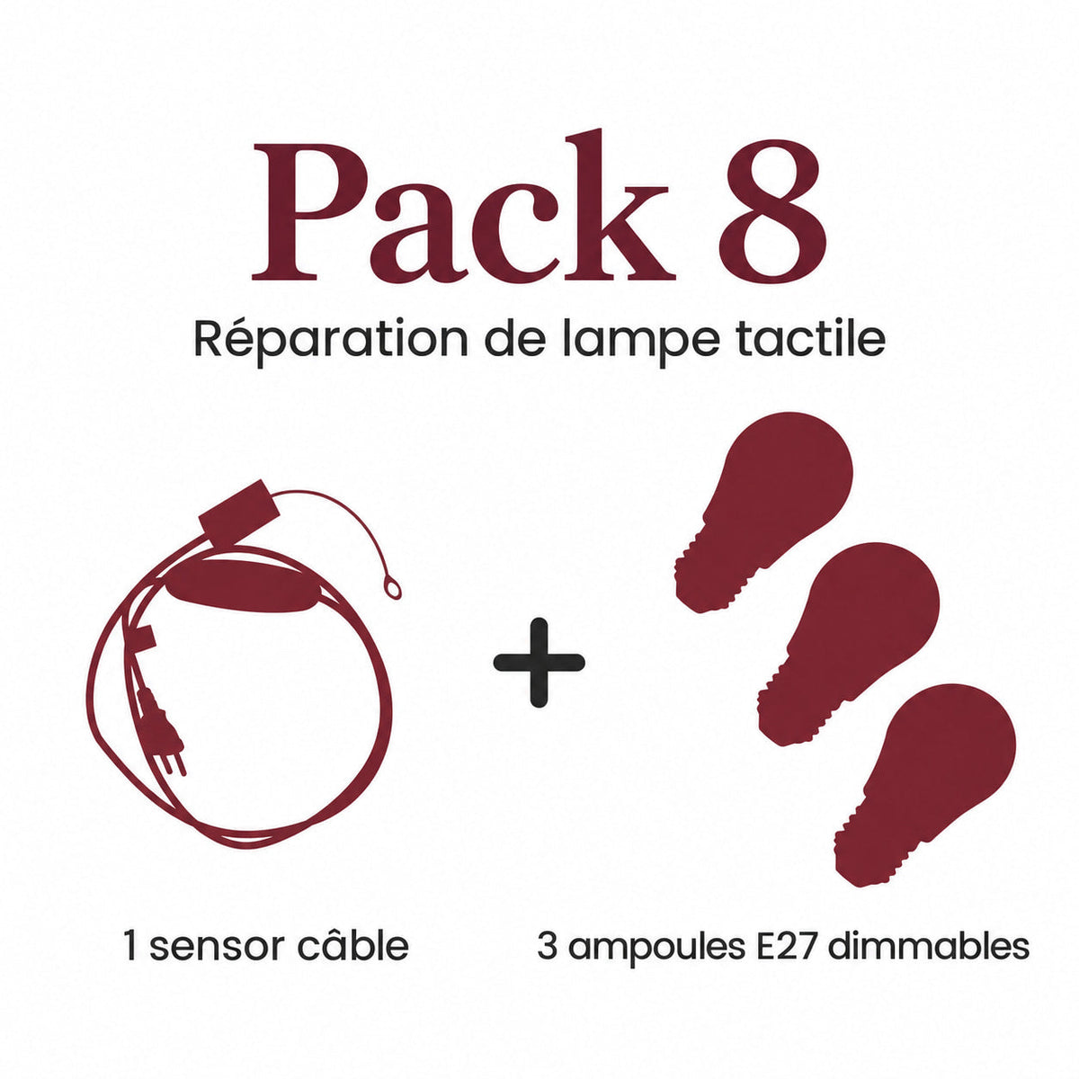 Pack 8 (1 Sensor cable and 3 Dimmable E27 Bulbs) - pack contents