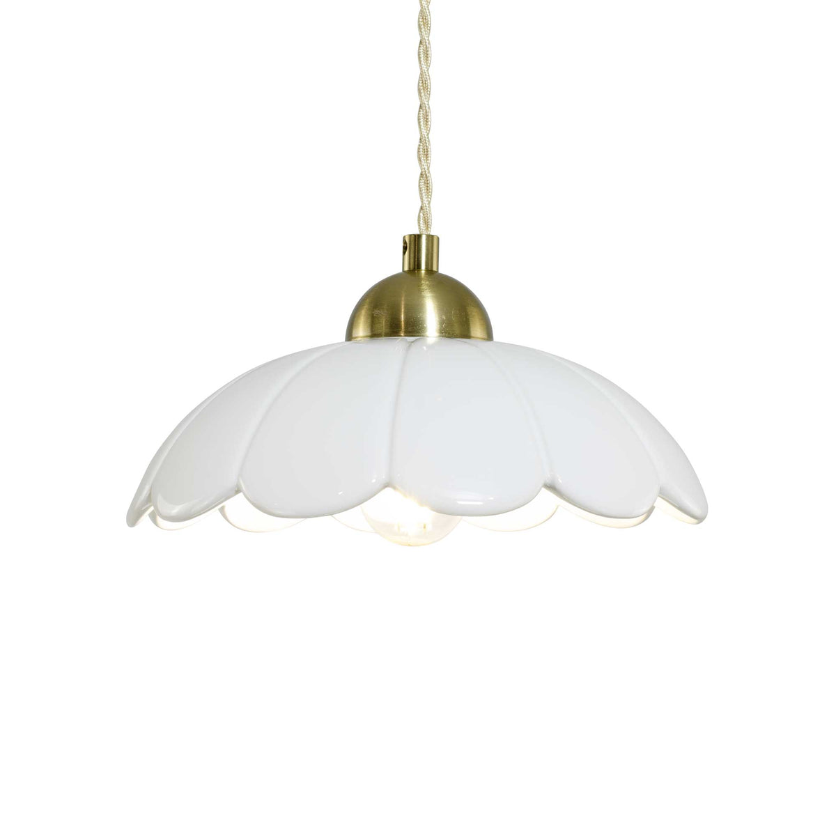 Suspension en céramique colorée et cordon textile torsadé - CLARIS - Blanc - allumé - C-Création Luminaires